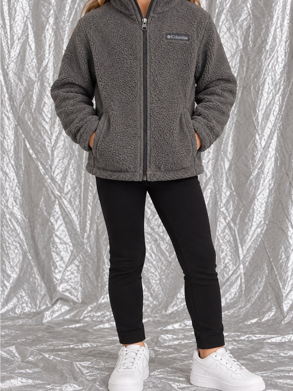 Columbia kids Gray Sherpa Fleece Full Zip Jacket Logo Size M